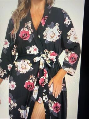Black Floral Wrap Robe with Pink & Peach Roses